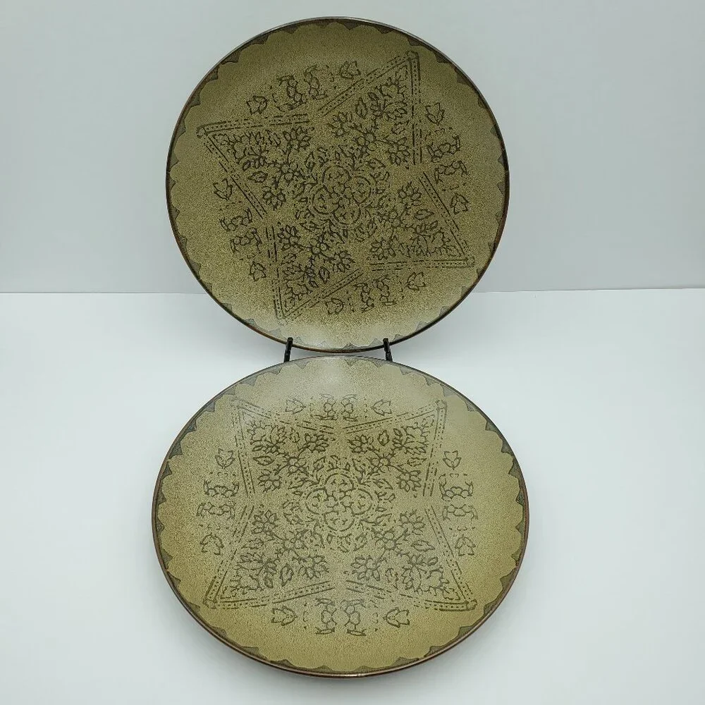 Pier 1 Batik Dinner Plates Pier 1 Imports Olive Green Brown Gray Stoneware Plate